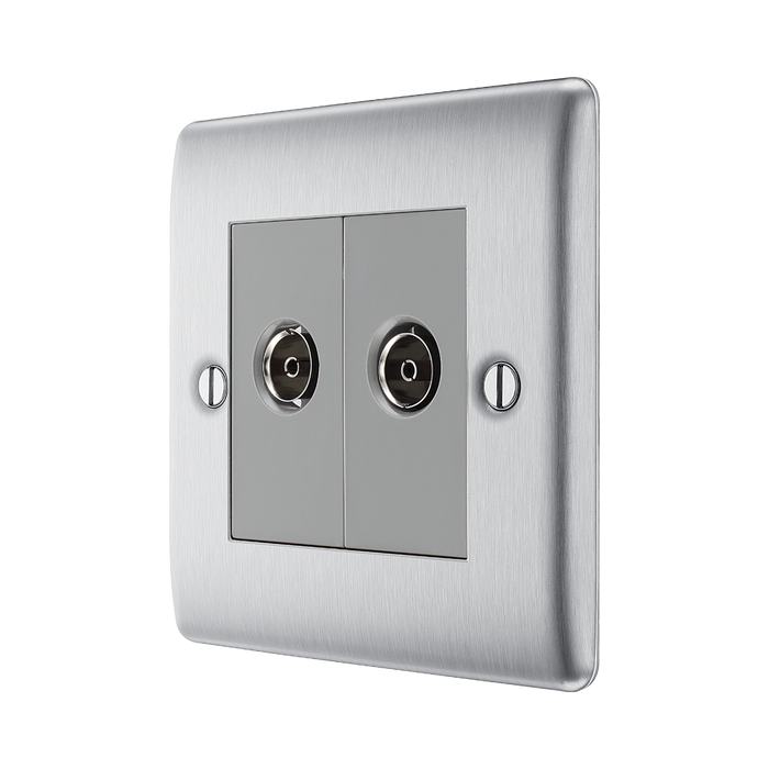 Metallic double socket cover with two coaxial sockets on a white background side