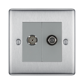 Metallic double socket with coaxial connectors on a white background