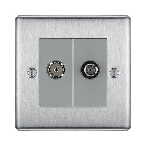 Metallic double socket with coaxial connectors on a white background
