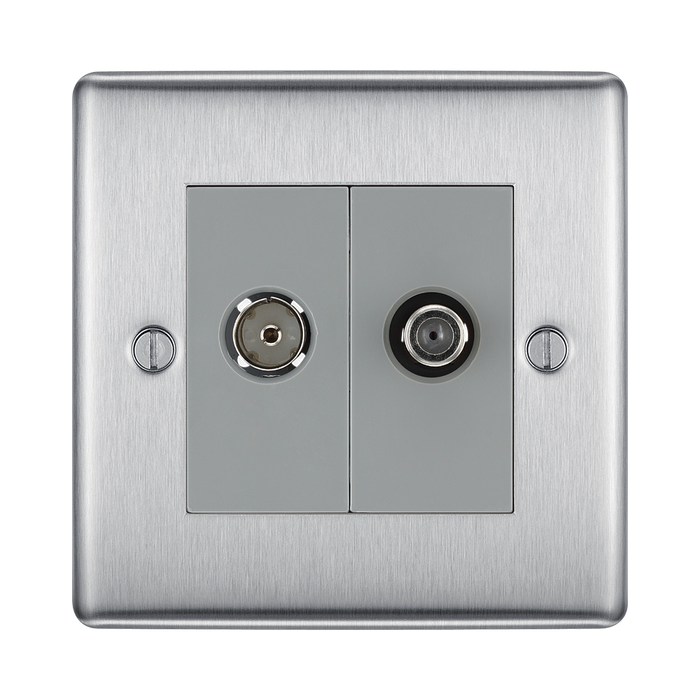Metallic double socket with coaxial connectors on a white background