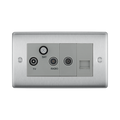 Metallic wall plate with TV, SAT, and RADIO sockets on a white background