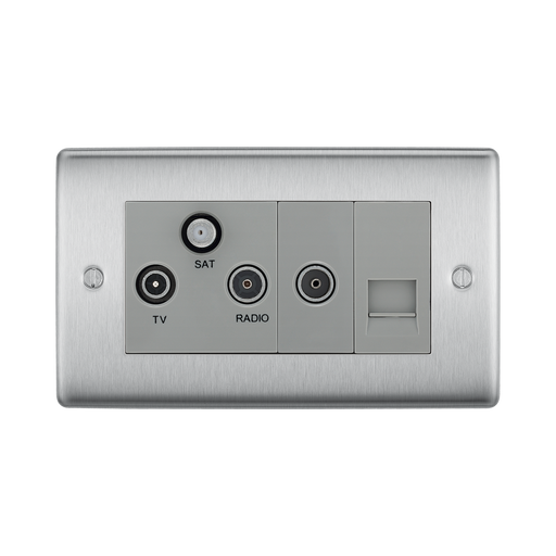 Metallic wall plate with TV, SAT, and RADIO sockets on a white background