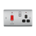 Metallic electrical switch with red button and black sockets on a white background