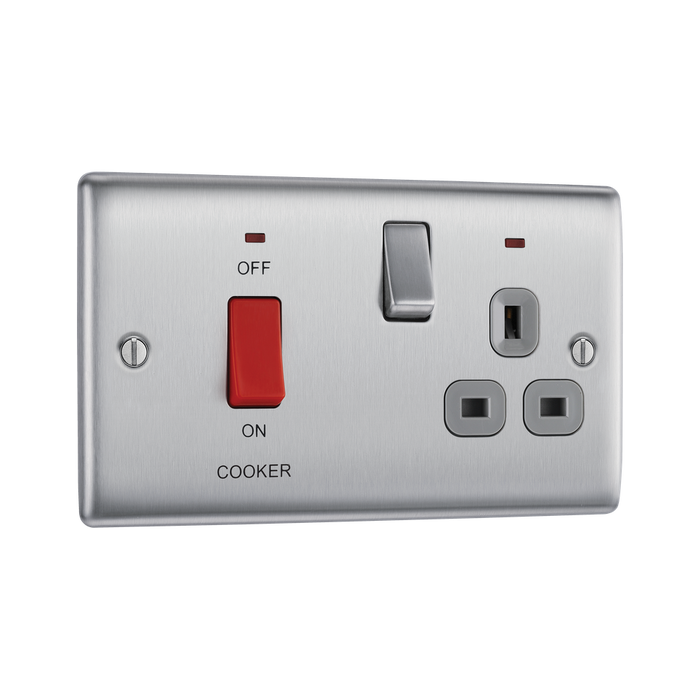 BG Nexus Metal Brushed Steel Cooker Switch with 13A Socket NBS70G – angled front view