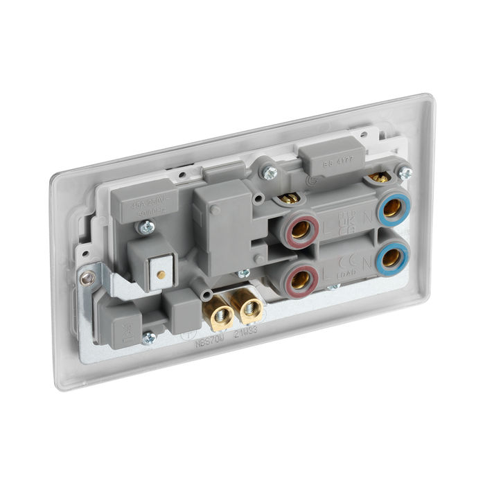Metallic electrical switch with red button and multiple sockets on a white background back