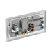Metallic electrical switch with red button and multiple sockets on a white background back
