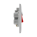 Metallic electrical switch with red button and multiple sockets on a white background profile