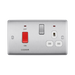 Metallic electrical switch with red button and multiple sockets on a white background