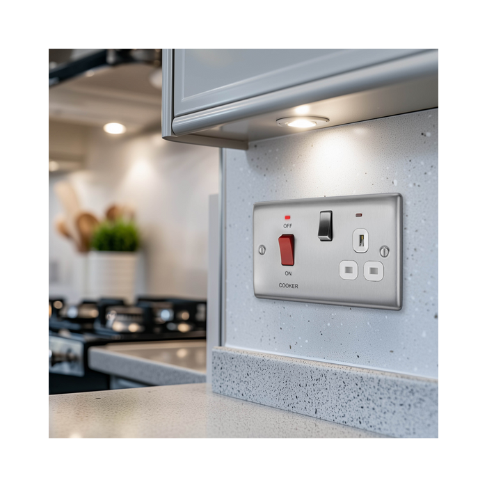 Metallic electrical switch with red button and multiple sockets on a white background kitchen