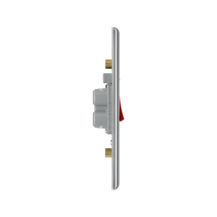 Metallic light switch with red button on a white background profile