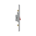 Metallic light switch with red button on a white background profile
