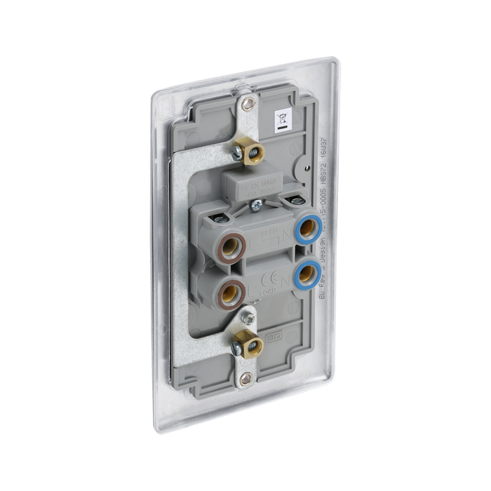 Metallic light switch with red button on a white background profile back