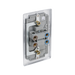 Metallic light switch with red button on a white background profile back
