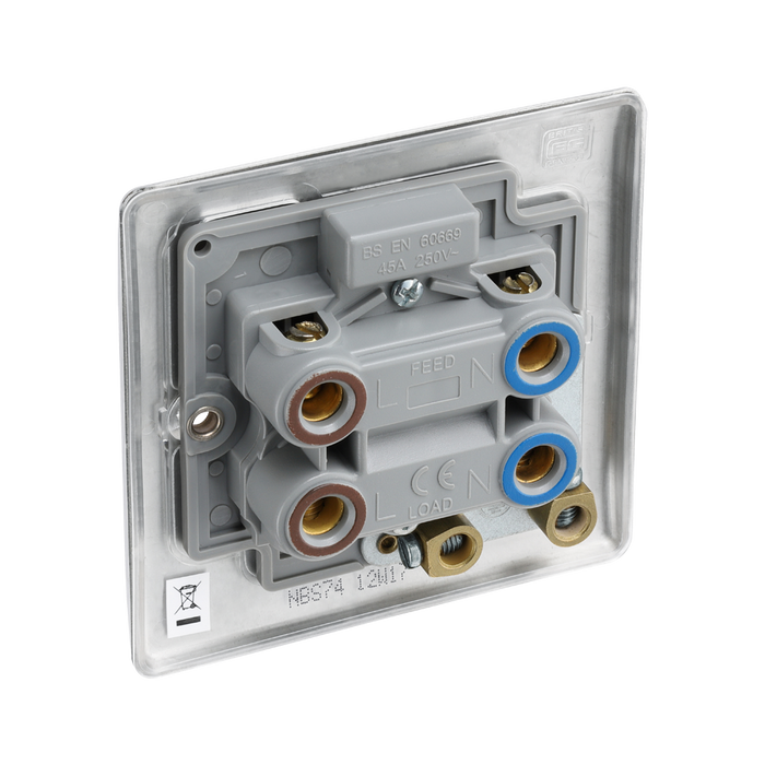 Metallic light switch with red toggle button on a white background back