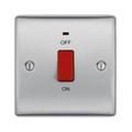 Metallic light switch with red toggle button on a white background