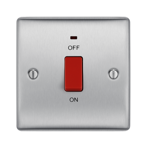 Metallic light switch with red toggle button on a white background