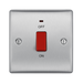 Metallic light switch with red toggle button on a white background