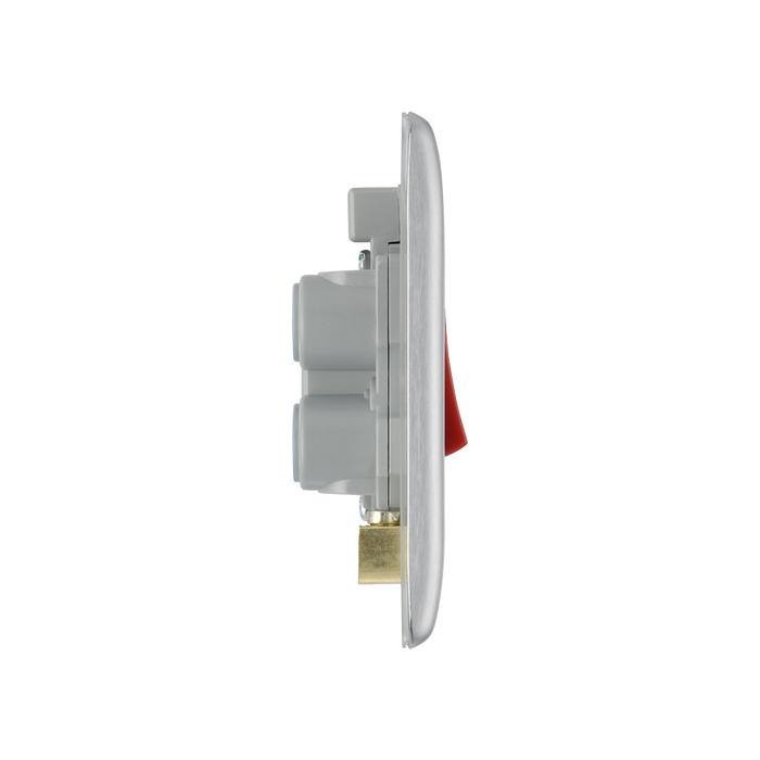 Metallic light switch with red toggle button on a white background profile