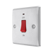 Metallic light switch with red toggle button on a white background side