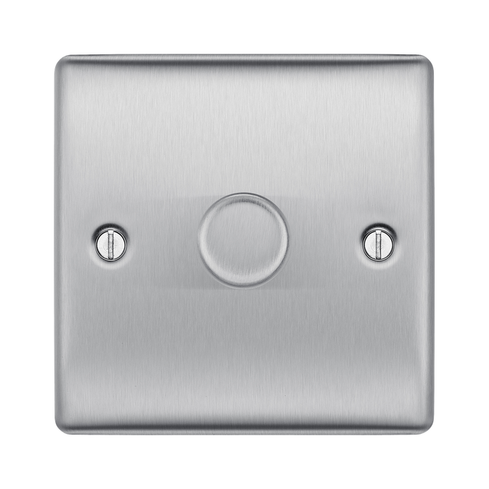 BG Nexus Metal Brushed Steel 1G Dimmer Switch NBS81 – straight-on front view