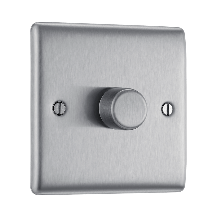 BG Nexus Metal Brushed Steel 1G Dimmer Switch NBS81 Available from RS Electrical Supplies