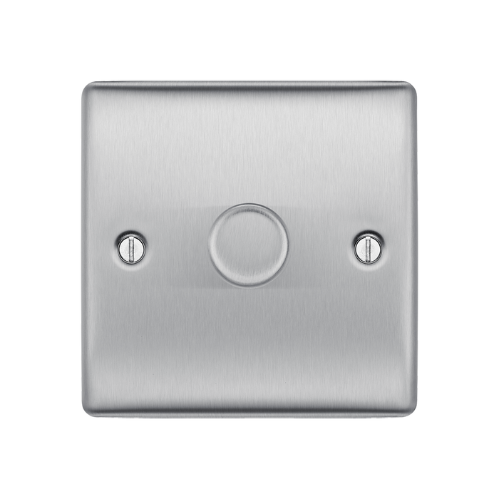 Metallic light switch plate with two screws on a white background