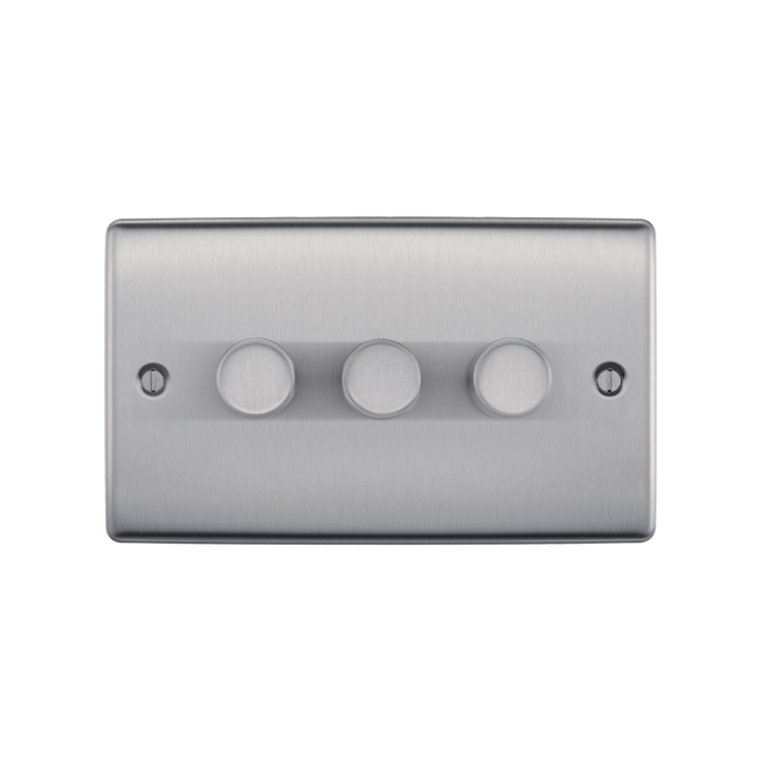 Metallic three-button switch on a white background