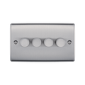 Metallic light switch panel with four round buttons on a white background