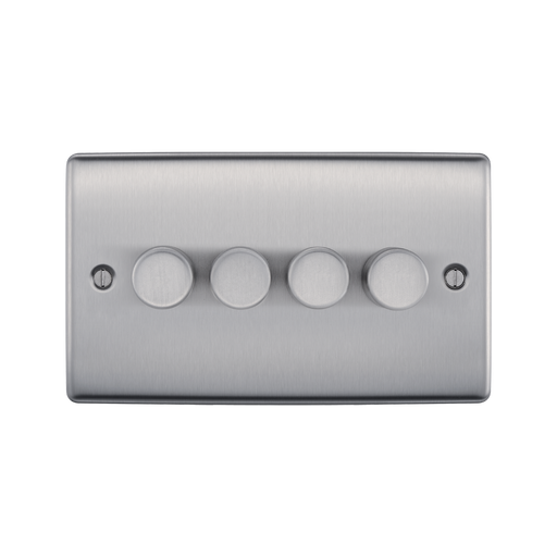 Metallic light switch panel with four round buttons on a white background