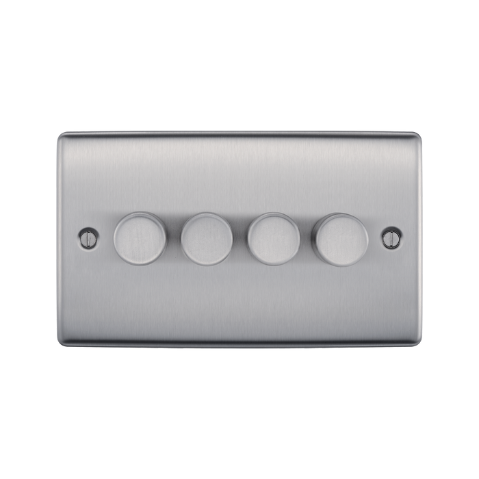 Metallic light switch panel with four round buttons on a white background