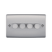 Metallic light switch panel with four round buttons on a white background
