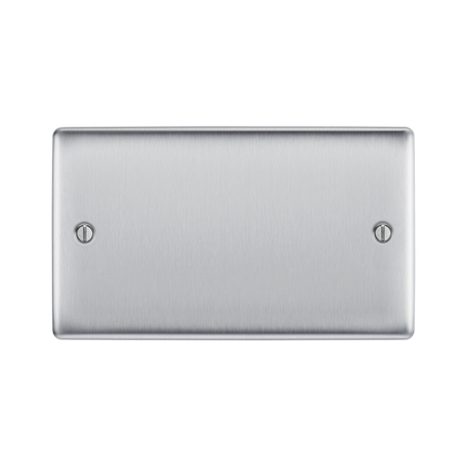 Metallic rectangular plate with two screws on a white background