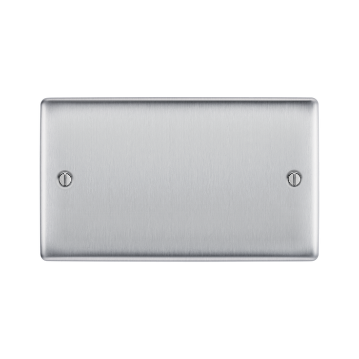Metallic rectangular plate with two screws on a white background