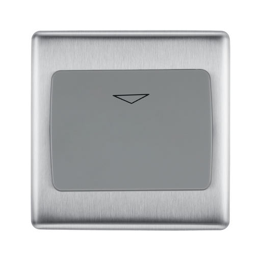 Metallic square button with a triangle symbol on a white background