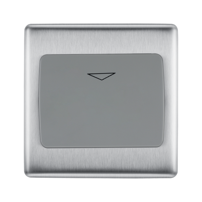 Metallic square button with a triangle symbol on a white background
