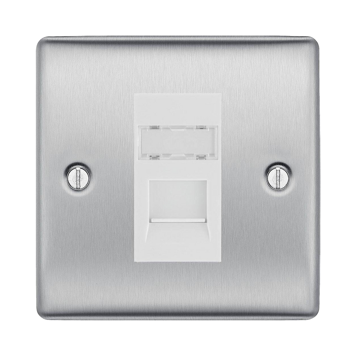 BG Nexus Metal Brushed Steel RJ45 Cat5E Data Outlet NBSRJ451W Available from RS Electrical Supplies