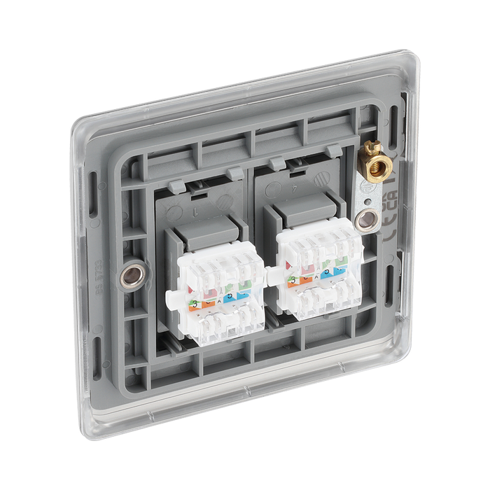 Metallic double socket cover with two rectangular slots on a white background