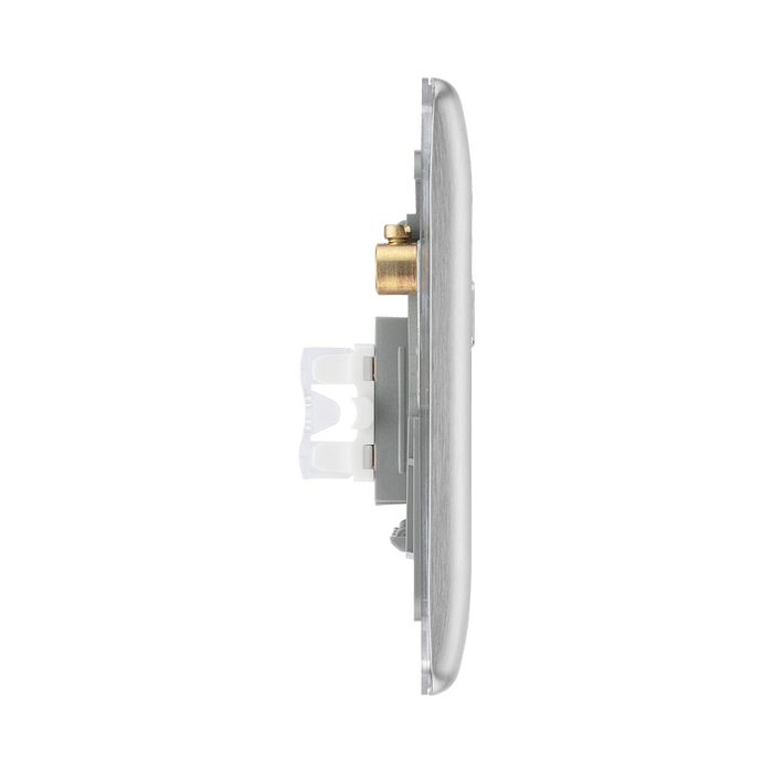 Metallic double socket cover with two rectangular slots on a white background