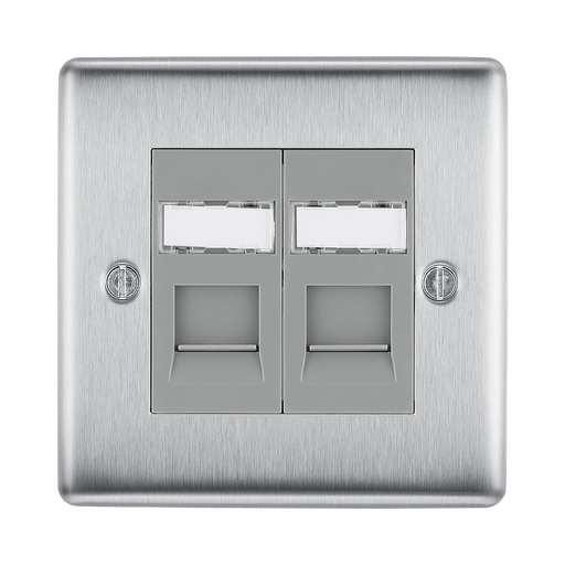 Metallic double socket cover with two rectangular slots on a white background
