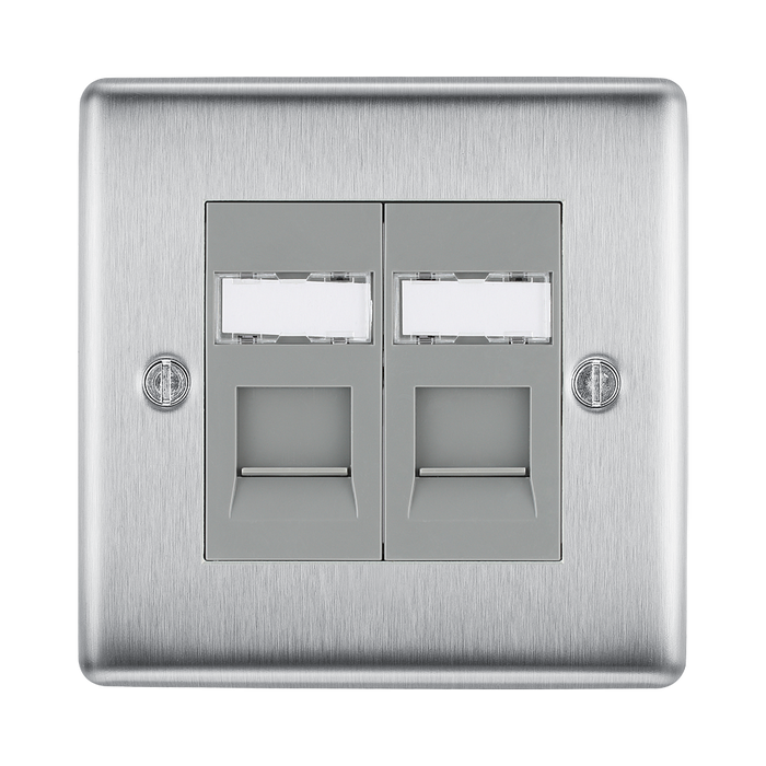 Metallic double socket cover with two rectangular slots on a white background