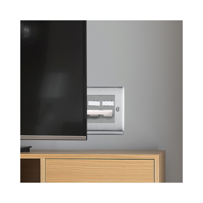 Metallic double socket cover with two rectangular slots on a white background