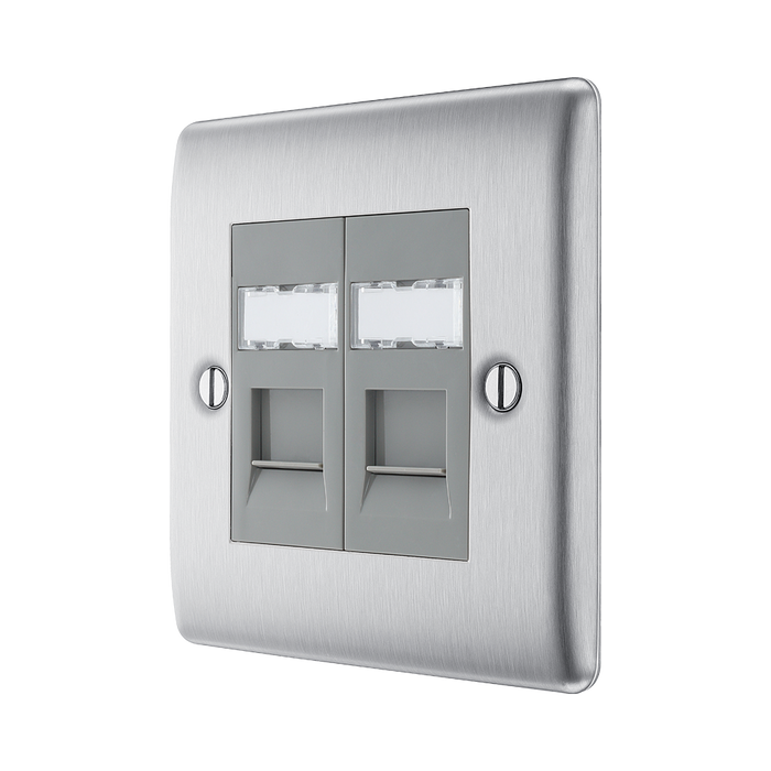 Metallic double socket cover with two rectangular slots on a white background