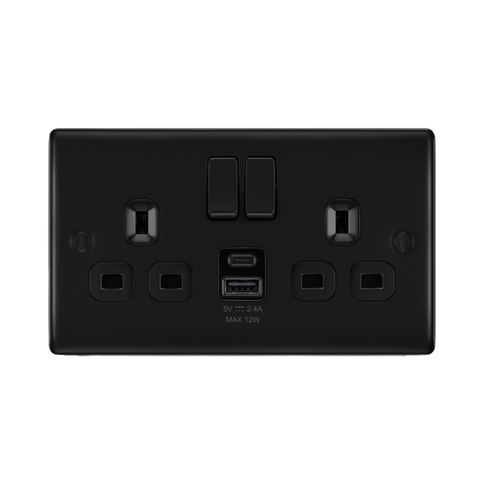 BG Nexus Metal Matt Black 13A Double USB Socket with 12W A+C NFB22UAC12B Available from RS Electrical Supplies