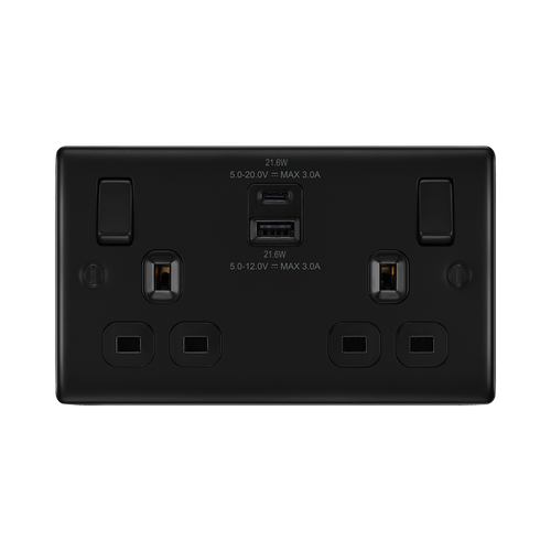 BG Nexus Metal Matt Black 13A Double USB Socket with 22W A+C NFB22UAC22B