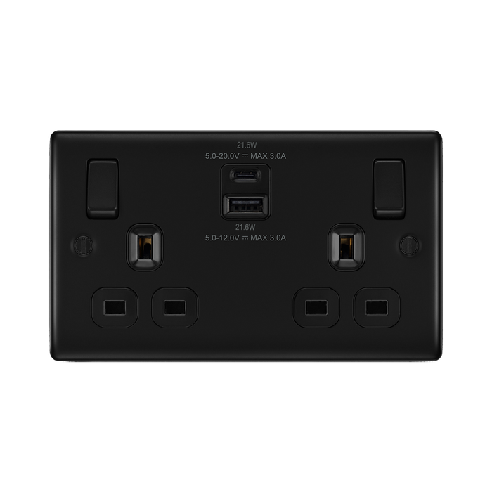 BG Nexus Metal Matt Black 13A Double USB Socket with 22W A+C NFB22UAC22B