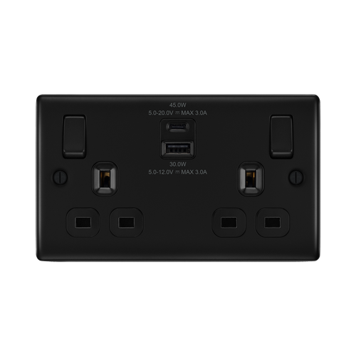 BG Nexus Metal Matt Black 13A Double USB Socket with 45W A+C NFB22UAC45B