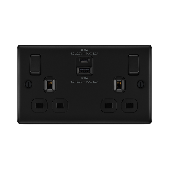 BG Nexus Metal Matt Black 13A Double USB Socket with 45W A+C NFB22UAC45B