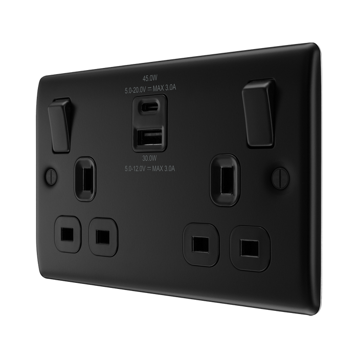 BG Nexus Metal Matt Black 13A Double USB Socket with 45W A+C NFB22UAC45B