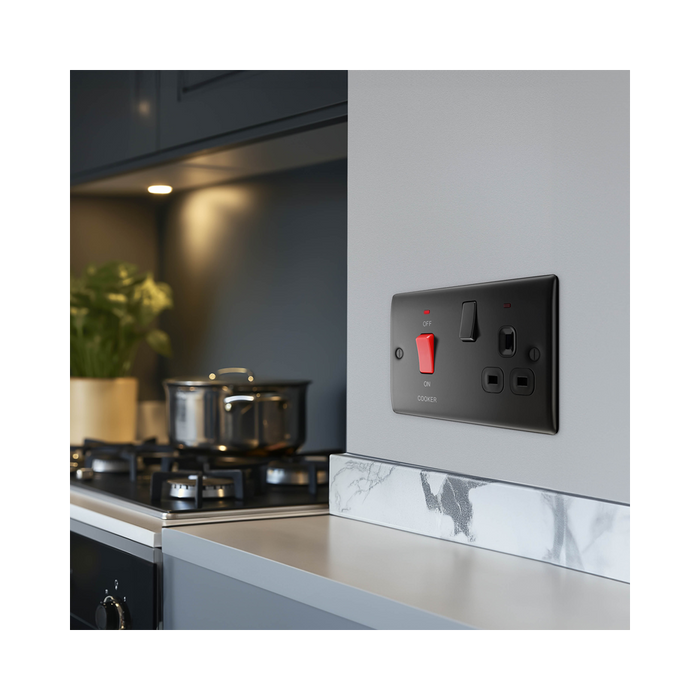 BG Nexus Metal Matt Black 45A Cooker Switch with 13A Socket NFB70B