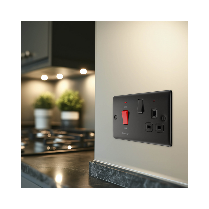 BG Nexus Metal Matt Black 45A Cooker Switch with 13A Socket NFB70B